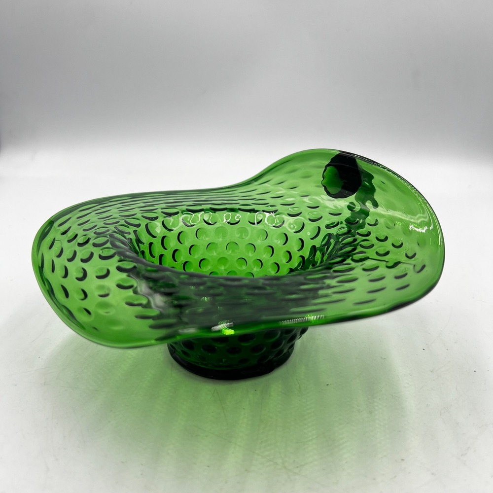 Kanawha Glass Green Hobnail Bowl Crimped Rim Handle Dunbar WV MCM 1960s 1970s